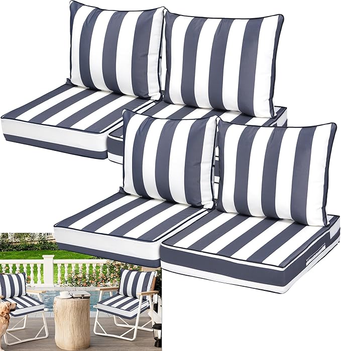 Waterproof Outdoor Chair Cushion Set of 4, 22x22x4 IN Deep Seat Patio Cushions with Fade Resistant Removable Cover,Outdoor Cushions for Patio Furniture with Ties&Handle for Chair Sofa Couch,BlueStripe