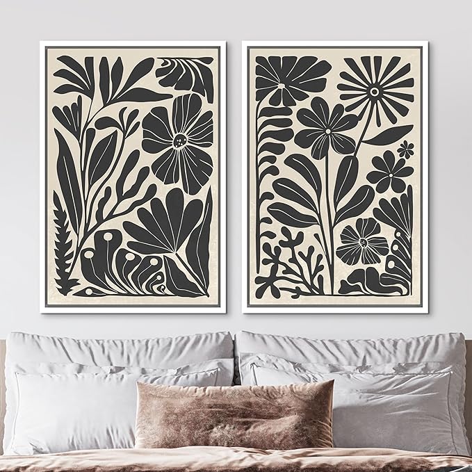 MUDECOR Framed Canvas Wall Art Abstract Floral Botanical Prints Minimalist Modern Art Boho Wall Decor for Bedroom - 24"x36"x2 White