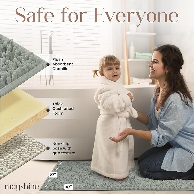 MAYSHINE Plush Shaggy Chenille Bath Mat | Extra Soft, Super Absorbent, Non-Slip Bathroom Rug | Fluffy Microfiber, Area Rug Sets for Bathroom Floor, Kitchen, Living Room | 47"x27" | Sage Green
