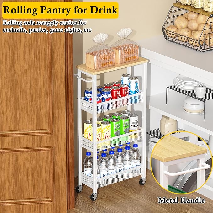 Utility Slim Storage Cart, 4 Tier Small Rolling Kitchen Laundry Room Cart with Wood Top, Metal Narrow Bathroom Storage Cabinet Mobile Shelf Unit Organizer Trolley with Handle for Narrow Space