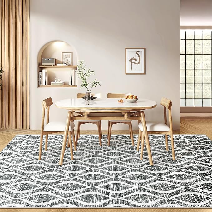 Witshock 9x12 Boho Area Rugs: Washable Non-Slip Geometric Print Pattern Large Thin Indoor Rug for Living Room Bedroom Dining Room, Carpet for Girls Boys Room Playroom Decor, Family Friendly, Dark Grey