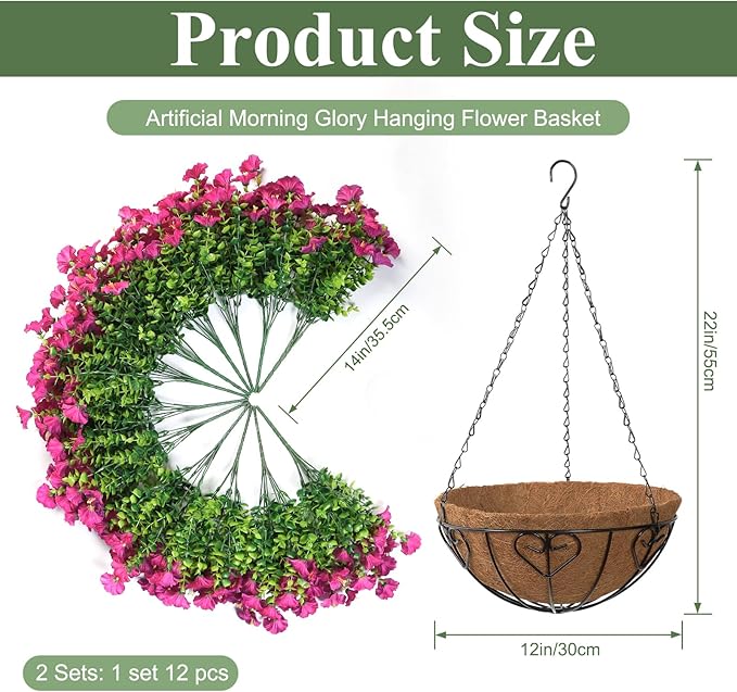 KHOYIME Artificial Hanging Flowers Plants Basket for Outdoors Indoor, 2 Set Faux Silk Fuchsia Morning Glory Fake Eucalyptus Planters UV Resistant Spring Summer Decorations for Home Garden Porch Patio
