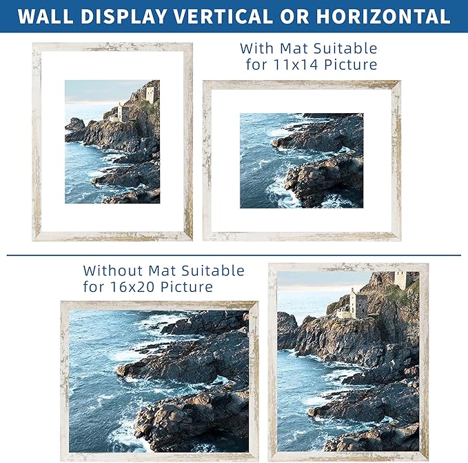 16x20 Frames Set of 2, Distressed White Wood Style - Display 16 x 20 Picture without Mat or 11x14 Picture with Mat, Wall Mounting Horizontal and Vertical