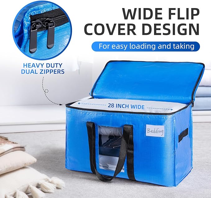 TAILI Extra Large Moving Bags, 4 Pack Blue Heavy Duty Totes For Storage with Visible Window, Wrap Around Handles, Storage Bags for Space Saving, Alternative to Moving Boxes