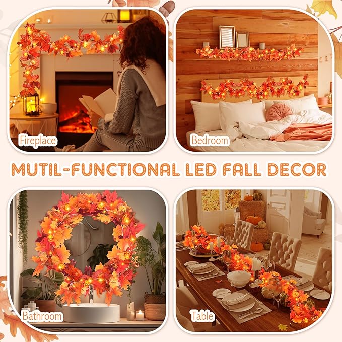 VIHOSE 2 Pack Thanksgiving Maple Leaves Garland Fall Decor 11.5 ft 40 LED with Pumpkin Lights Battery Operated and Timer Remote for Home Thanksgiving Halloween Decor(Reddish Brown)