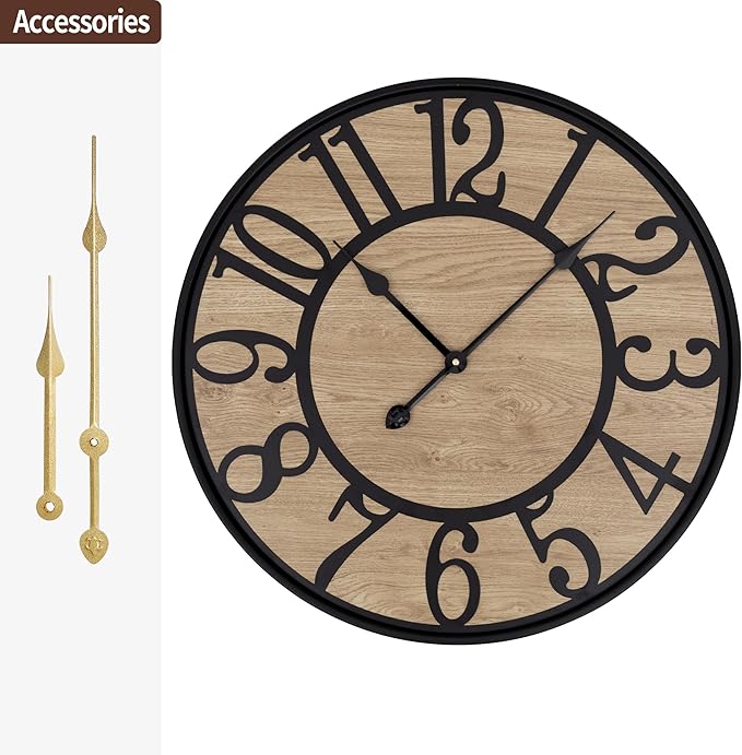 LEIKE Large Wall Clocks Living Room Decor,Non Ticking Silent,Battery Operated Small Round Modern Wood Wall Clock for Bedroom,Kitchen,Farmhouse,Office Vintage Home Decor-16 -Arabic Number