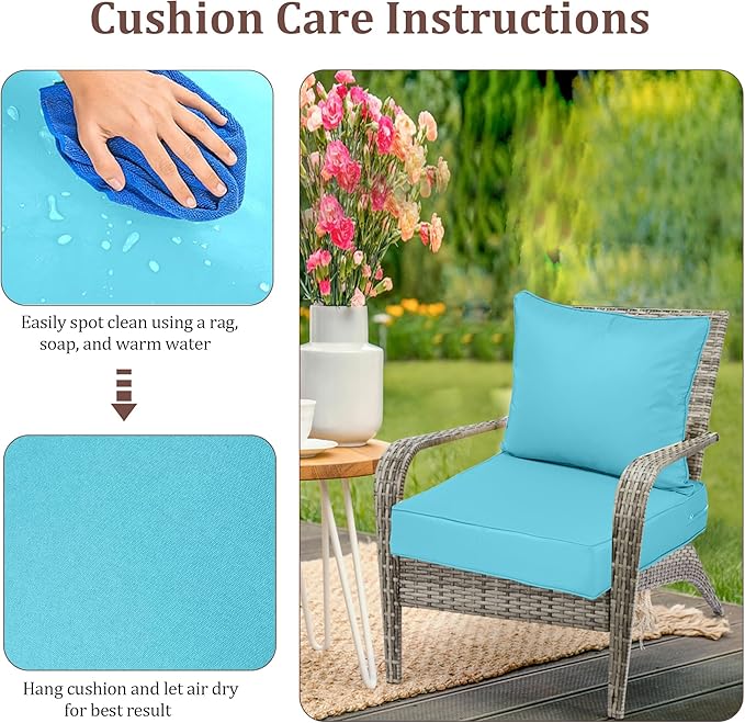 Waterproof Outdoor Chair Cushion Set of 4, 22x22x4 IN Deep Seat Patio Cushions with Fade Resistant Removable Cover,Outdoor Cushions for Patio Furniture with Ties&Handle for Chair Sofa Couch,Lake Blue