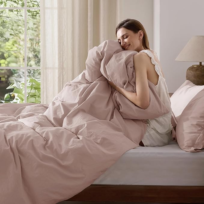 Bedsure 100% Washed Cotton Duvet Cover King Size - Petal Pink Minimalist Cotton Duvet Cover Linen Like for All Seasons - GentleSoft™ Plain Simple Bedding, 3 Pieces (Petal Pink, King, 104"x90")