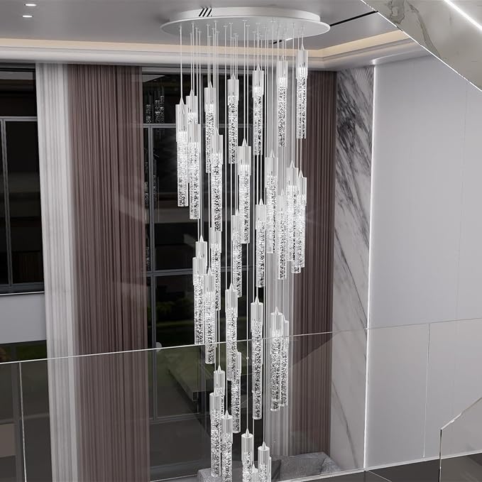 Flashing God H150 High Ceiling Chandelier 36-Lights Chrome Chandeliers for Entryway Crystal Drop Light Large Long Staircase Chandelier Light Fixture for Foyer Hallway Living Room