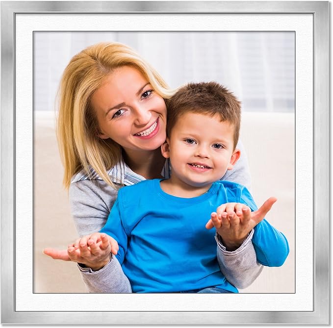 10x10 Frame with Mat - Silver 13x13 Frame Wood Made to Display Print or Poster Measuring 10 x 10 Inches with White Photo Mat