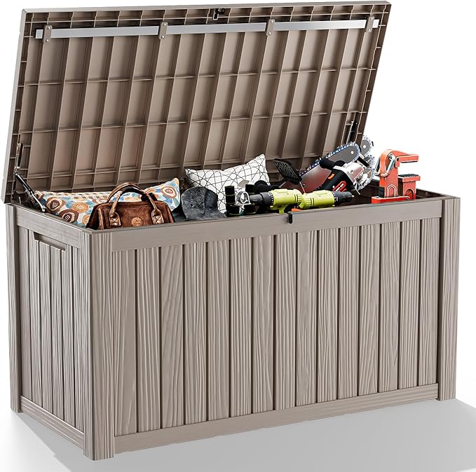 Gallon Large Deck Box,Resin Outdoor Storage Box with Lockable for Patio Furniture, Pool Accessories, Garden Tools Waterproof Outside Storage Box, Grey