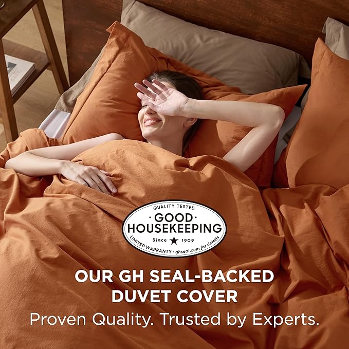 Bedsure 100% Washed Cotton Duvet Cover Queen Size - Burnt Orange Minimalist Duvet Cover Linen Like for All Seasons - GentleSoft™ Plain Simple Bedding, 3 Pieces (Burnt Orange, Queen, 90"x90")