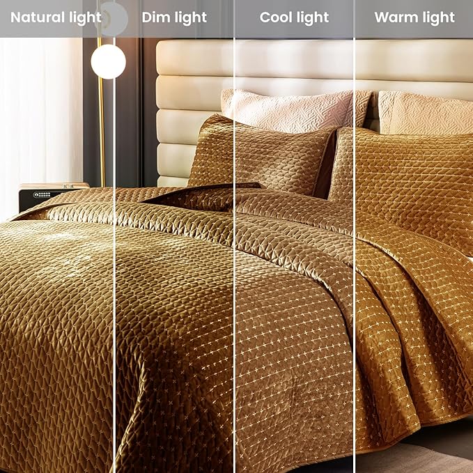 Velvet Quilt Queen Size,Luxurious Cross Stitch Striped Quilted Bedding Set,Oversized Bedspread Coverlet with Brushed Back,Ultra Soft Cozy Warm for All Season,Gold Caramel,Queen