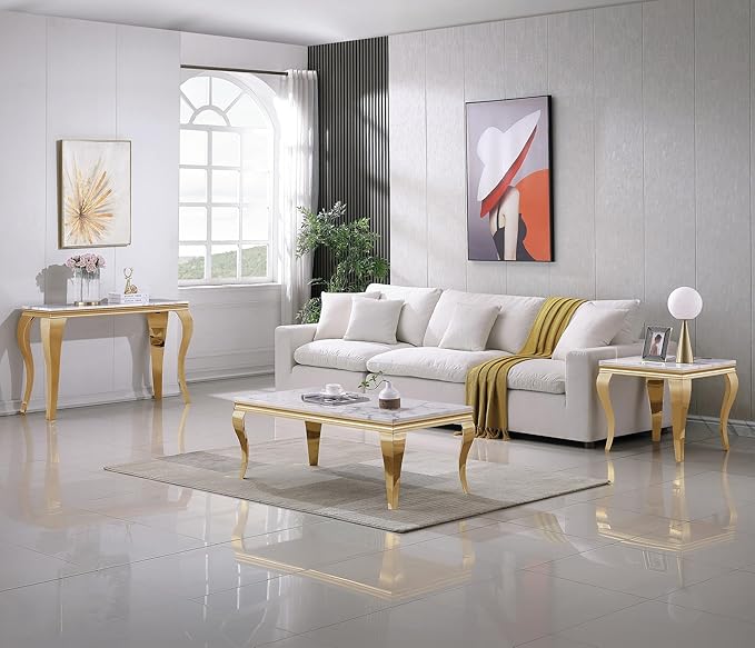 SSLine Modern White Faux Marble End Table Luxury Square Sofa Side Table with Gold Curved Legs Mid-Century Elegant Bedside Table w/Mirrored Stainless Steel Frame for Living Room Bedroom