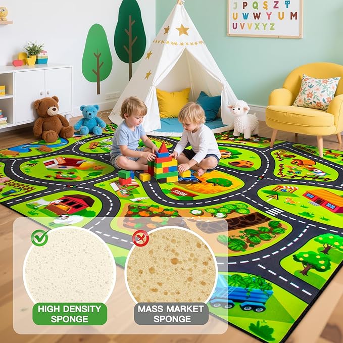 Kids Farm Play Rug, 5' x 7' FT Happy Farm Activity Playmat, Extra Thick (0.4in) - Non-Slip Car Rugs for Kids' Toy Cars, Educational Play Mat Race Track Carpet for Kid's Room, Bedroom and Learning
