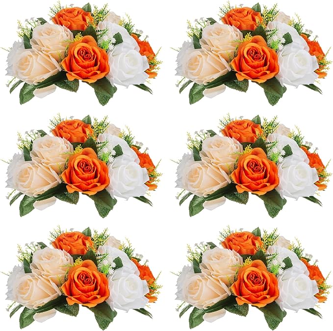 NUPTIO Flower Ball Arrangement Bouquet - 6 Pcs 9.5 inch Diameter Orange Fake Flowers Roses Balls for Centerpieces Tables - Artificial Rose Arrangements for Wedding Centerpiece Table Decorations