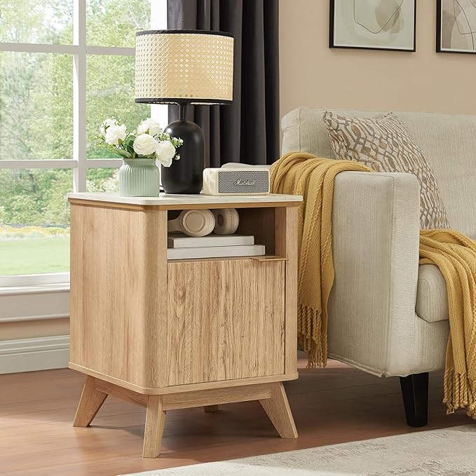 QUW Fluted Nightstand Set of 2 with Charging Station, Bedside Table with Open Storage and Cabinet, 18" Modern Side Table, End Table for Bedroom, Living Room, Natural Oak