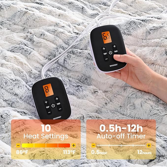 WOOMER Heated Blanket King Size Electric Blanket 90"x 100", Faux Fur Fast Heating, 10 Heating Levels & 0.5-12H Auto Off, Dual Control, Over-Heat Protection, ETL Certification