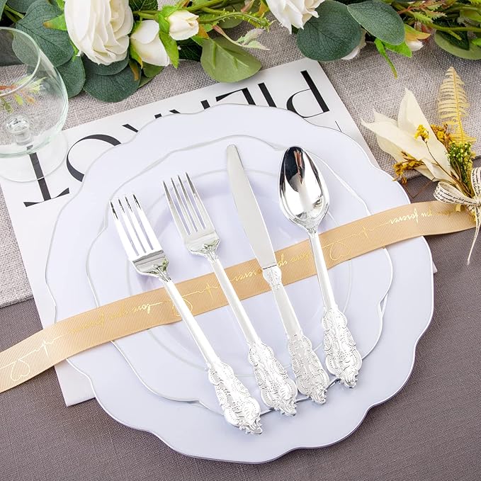 NOCCUR 175pcs Silver Plastic Plates - Christmas Plates - Silver Rim Plastic Tableware Include 25 Dinner Plates, 25 Dessert Plates, 25 Forks, 25 Knives, 25 Spoons for Wedding&Party