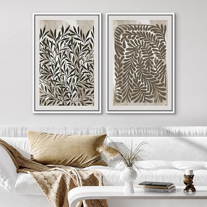 SIGNWIN Framed Canvas Print Wall Art Modern Botanical Abstract Black and Beige Leaf Illustrations Decorative for Living Room, Bedroom, Office - 24"x36"x2 White
