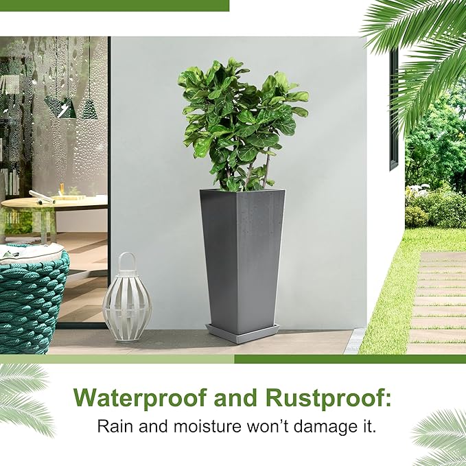 24-Inch Tall Planters Set of 2 for Outdoor and Indoor Use,Tapered Flower Pots with Drainage Tray, Front Porch and Patio Decor,Ideal for Large Plants, Grey