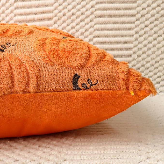4TH Emotion Fall Pumpkin Decorative Pillow Covers 16x16 Set of 2, Orange Soft Plush Faux Fur Wool Farmhouse Throw Cushion Cases for Autumn Thanksgiving Holiday Home Decorations