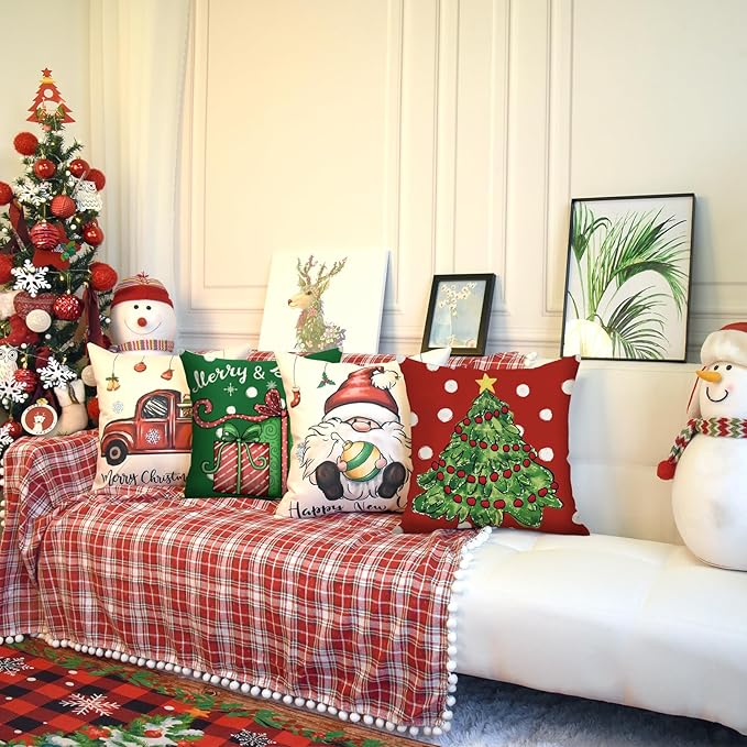 Coliuso Christmas Throw Pillow Covers 18x18 Set of 4 Xmas Series Holiday Cushion Pillow Cover Christmas Decorations for Sofa Couch Bed Farmhouse Outdoor Living Room (Red and Green)