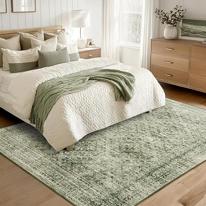 MIULEE 5x7 Vintage Living Room Rug Washable Area Rugs Low Pile Floor Mat for Bedroom Dining Room Non-Slip Stain Resistant Soft Indoor Carpet for Home Decor, Green