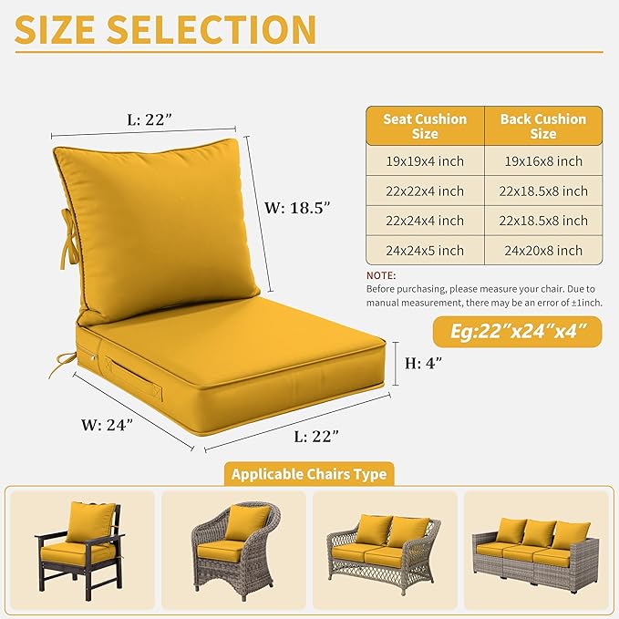 Premium Outdoor Seat Cushion Chair Cushions for Patio Furniture 22 L X 24 W X 4 H Waterproof & Fade Resistant Deep Seat and Backrest Cushion Set with Removable Covers for Chair, Sofa