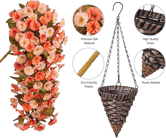 Artificial Fall Hanging Flowers Plants with Baskets for Outdoor Autumn Decoration,Fake Faux Silk Morning Glory Flowers Arrangement Planter for Home Indoor Outside Porch Patio Decor