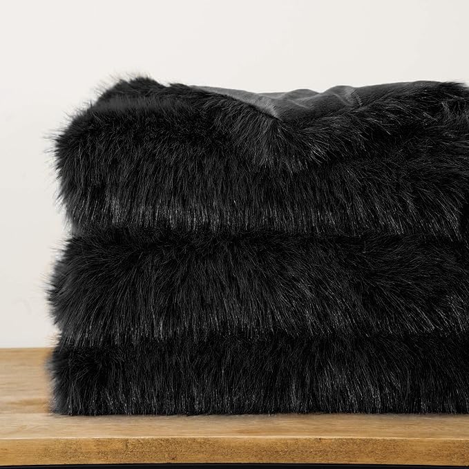 BATTILO HOME Luxury Black Faux Fur Throw Blanket, Large Cozy Warm Fluffy Fur Blanket for Bed,Couch, Sofa, Chair, Black Fur Throws with Long Pile, 60"x80"