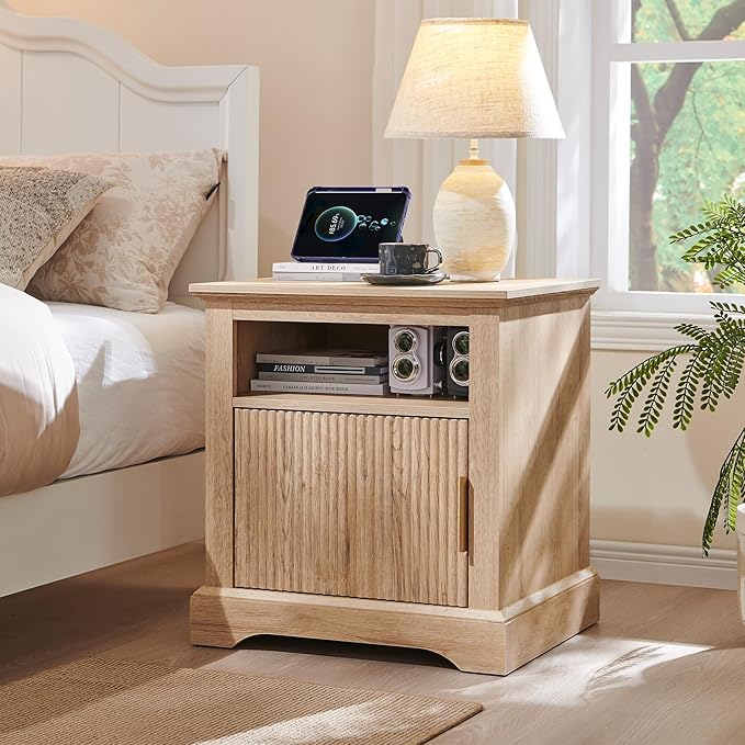 Fluted Nightstand Set of 2, 22" Large Modern Side Table with Charging Station, Wood End Table w/Open Shelf, Bedside Table with Storage Space for Bedroom, Living Room (Natural)
