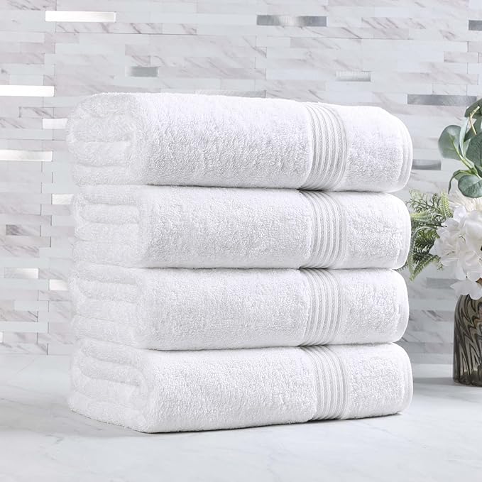 Superior Egyptian Cotton 4-Piece Bath Towel Set for Shower, Bath, Spa, Resort, Hotel, Soft Body Towels, Airbnb Essentials, Apartment, Dorm, Quick Dry, Absorbent, Bathroom Basics, White