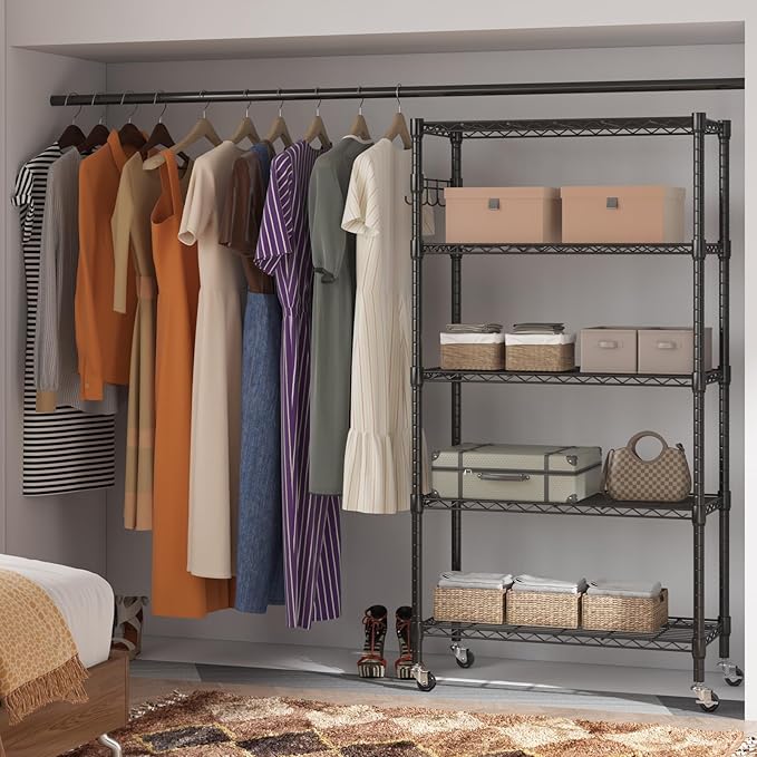 Homdox 5 Tier Metal Storage Shelves with Wheels, Heavy Duty Wire Shelving Unit, Adjustable Storage Racks with Side Hooks for Bathroom Kitchen Garage Pantry Organization, Black