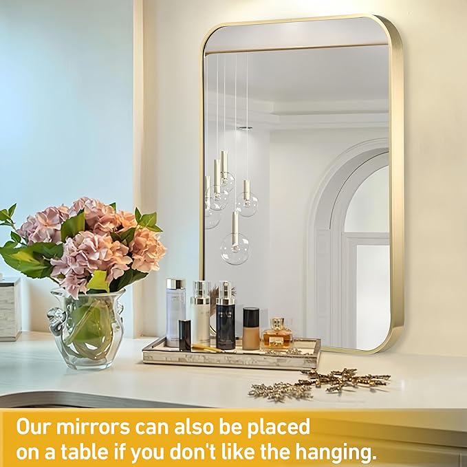 FARMER 16x20 Inch Gold Bathroom Mirrors for Wall, Brushed Brass Bathroom Vanity Mirror with Rounded Edge, Metal Framed Rectangle Mirrors for Bathroom, Hangs Horizontally or Vertically