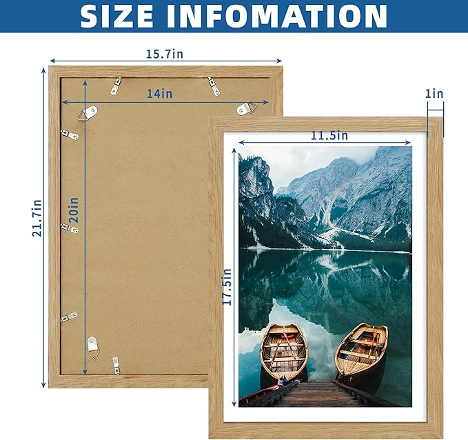 14x20 Picture Frame Set of 2, Natural Oak Wood Style - Display 14 x 20 Picture without Mat or 12x18 Picture with Mat, Wall Mounting Horizontal and Vertical