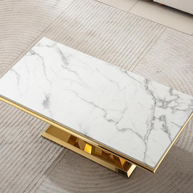 SSLine Rectangular Faux Marble Coffee Table for Living Room Modern Luxury White Marble Center Table with Gold Diamond Base 46.8" Mid-Century Cocktail Table with Mirrored Stainless Steel Frame
