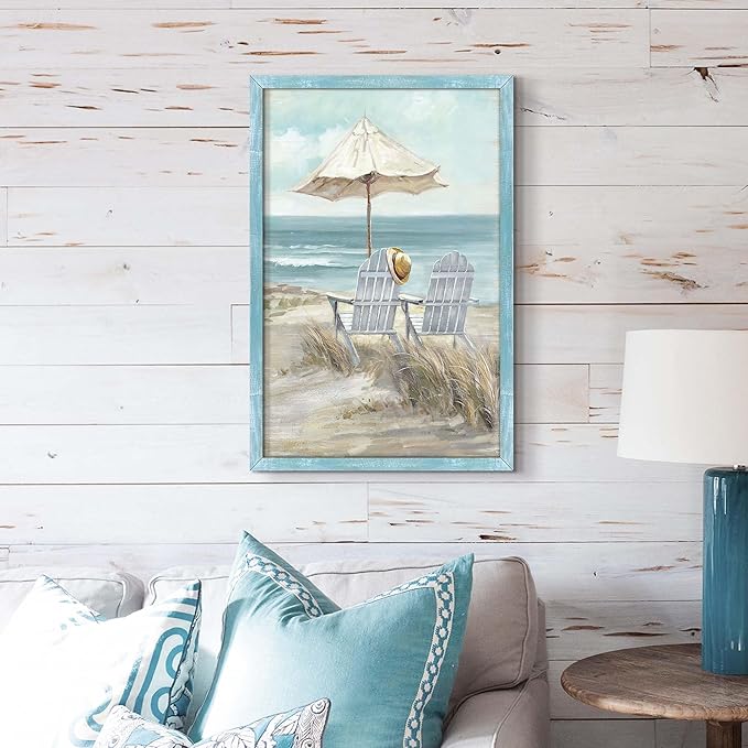 Abstract Beach Framed Wall Art - Coastal Chair Picture Modern Ocean Painting Prints Calming Seascape Wooden Artwork Decor for Bedroom