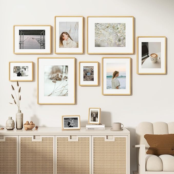 11x14 Picture Frame, Solid Beech Wood Frame with Real Glass, Hard Wood 11 by 14 Photo Frame for Wall & Tabletop Display, 11x14 Picture Frame Matted to 8x10, Natural Beech Color
