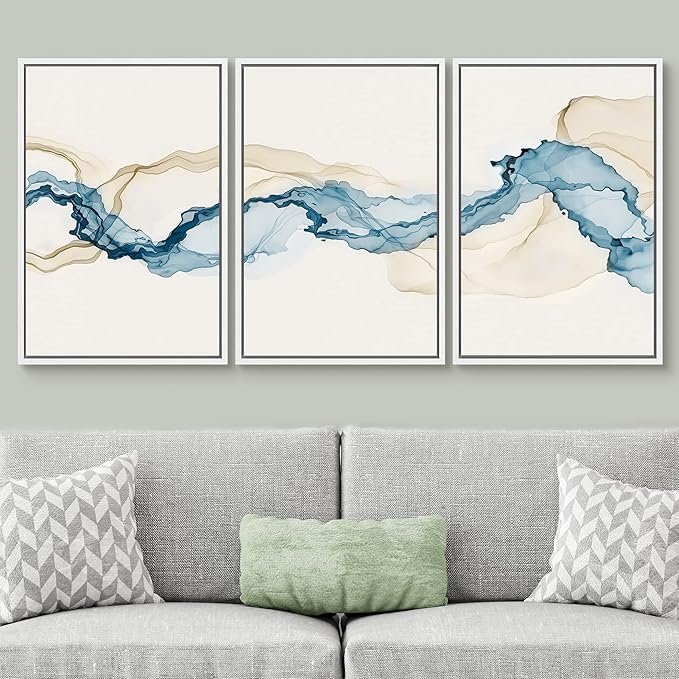 SIGNWIN Framed Canvas Print Wall Art Set Blue Tan Smoke Wave Landscape Abstract Shapes Illustrations Modern Art Decorative Contemporary Colorful for Living Room, Bedroom, Office - 24"x36"x3 White