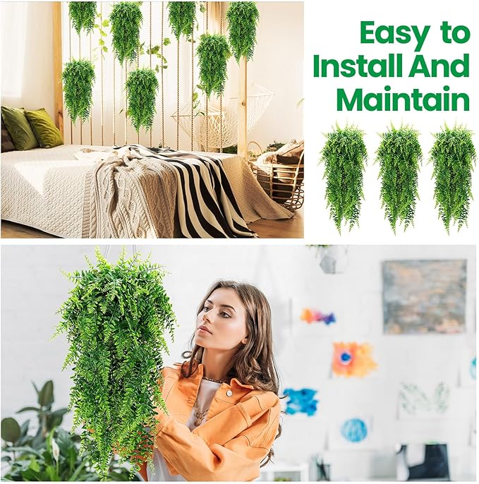 Geosar 56 Pcs Artificial Hanging Plants 32 Inch Hanging Boston Ferns Plastic Fake Plants for Wall Room Garden Wedding Garland Indoor Outdoor Decoration, No Basket