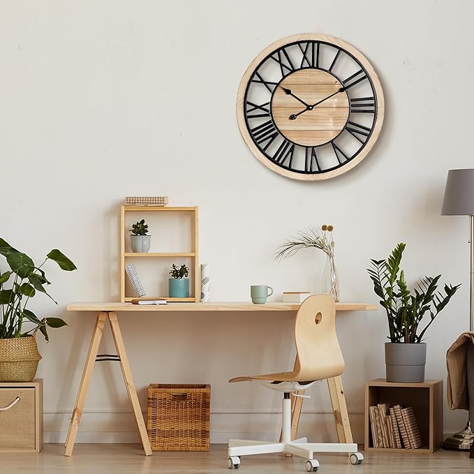 Maxstar 24'' Wall Clock for Living Room Decor, Ultra-Silent Rustic Wooden Farmhouse Wall Clock with Metal & Real Wood Frame, Battery Operated, for Kitchen Bedroom Office, Roman Numerals