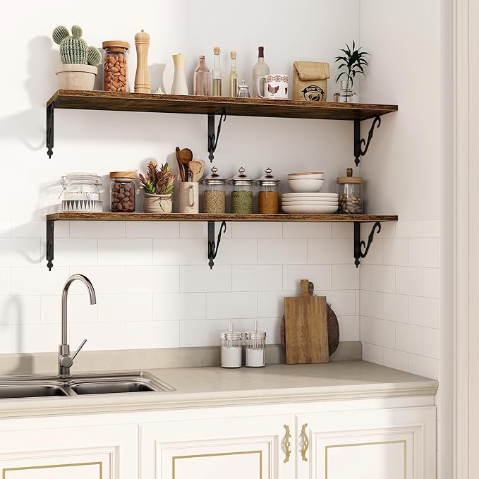 Fun Memories Large Floating Shelves for Wall 48 Inches Long, 12 Inch Deep Shelves with Metal Bracket, 48 Inch Floating Shelves Wall-Mounted, Wide Display & Storage Bookshelves, Rustic Brown, Set of 2