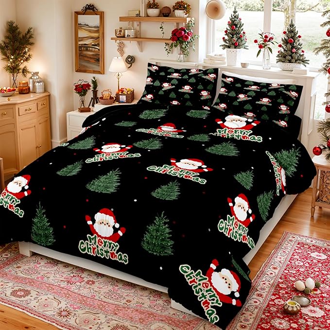 Bedorm Green Christmas Tree Comforter Santa Claus Bedding Set Merry Xmas Holiday Bedroom Decor White Snowflake Black Winter Comforter Set Queen Size