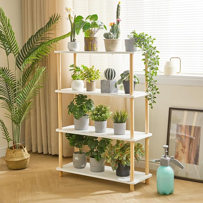 IBUYKE 4-Tier Wooden Open Bookcase - Modern Freestanding Bookshelf Storage Organizer,Standing Shelf Units,Multifunctional Display Stand for Bedroom, Living Room and Home Office, White WBC004W