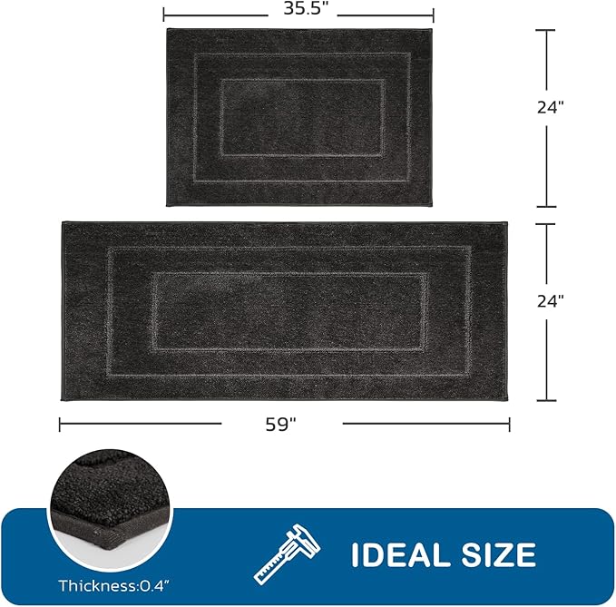 PURRUGS Machine Washable Kitchen Rug Set [2 PCS] (24" x 35.5"+ 24" x 59"), Non-Slip/Skid Kitchen Runner Rugs & Floor Mats, Super Absorbent Soft Standing Mats for Kitchen, Laundry & Sink, Charcoal