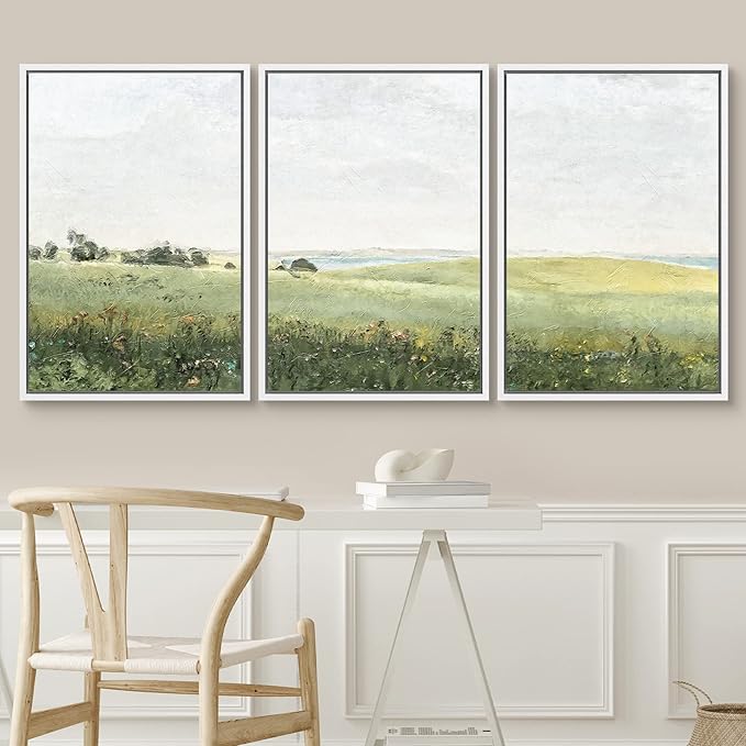 SIGNWIN Framed Canvas Print Wall Art Set Green Pasture Countryside Flower Field Nature Abstract Illustrations Modern Art Decorative Nordic Rustic for Living Room, Bedroom, Office - 24"x36"x3 White