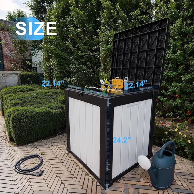 50 Gallon Deck Box,Resin Outdoor Storage Box with Lockable for Patio Furniture, Pool Accessories, Garden Tools, Waterproof Outside Storage Box, Black&White