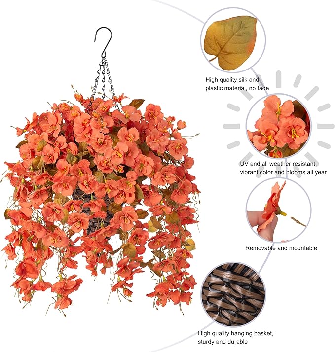 Ivydale Fall Artificial Hanging Flowers with Basket for Outdoors Decoration, Realistic Fake Hibiscus Vines Faux Plants Silk Flowers for Planters Outside Home Patio Porch Balcony, Fall Orange