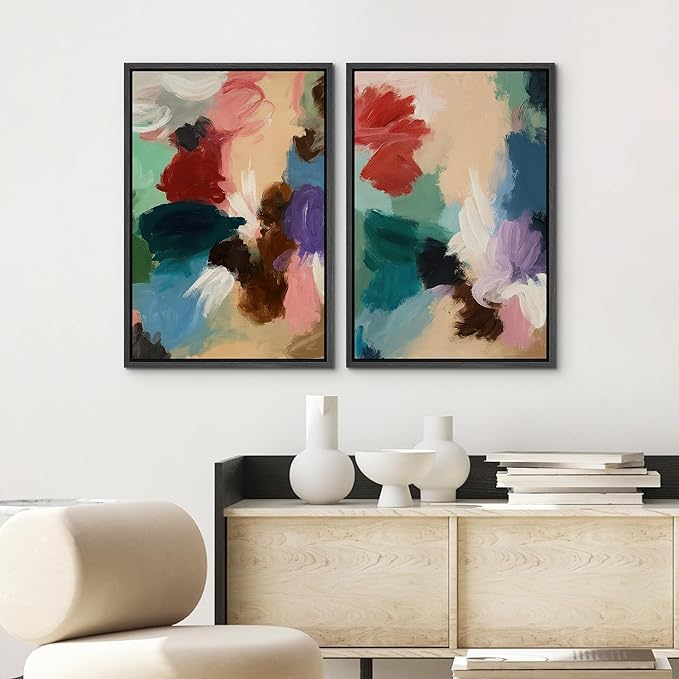 SIGNWIN Framed Wall Art Print Set Colorful Abstract Brushstroke Vibrant Illustrations Modern Art Rustic Relax/Calm Multicolor for Living Room, Bedroom, Office - 16"x24"x2 BLACK
